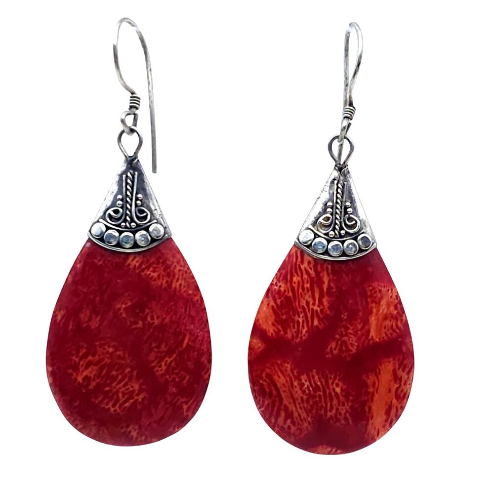 925 Sterling Silver Red Sponge Coral Teardrop Dangle Drop Earring Statement Boho